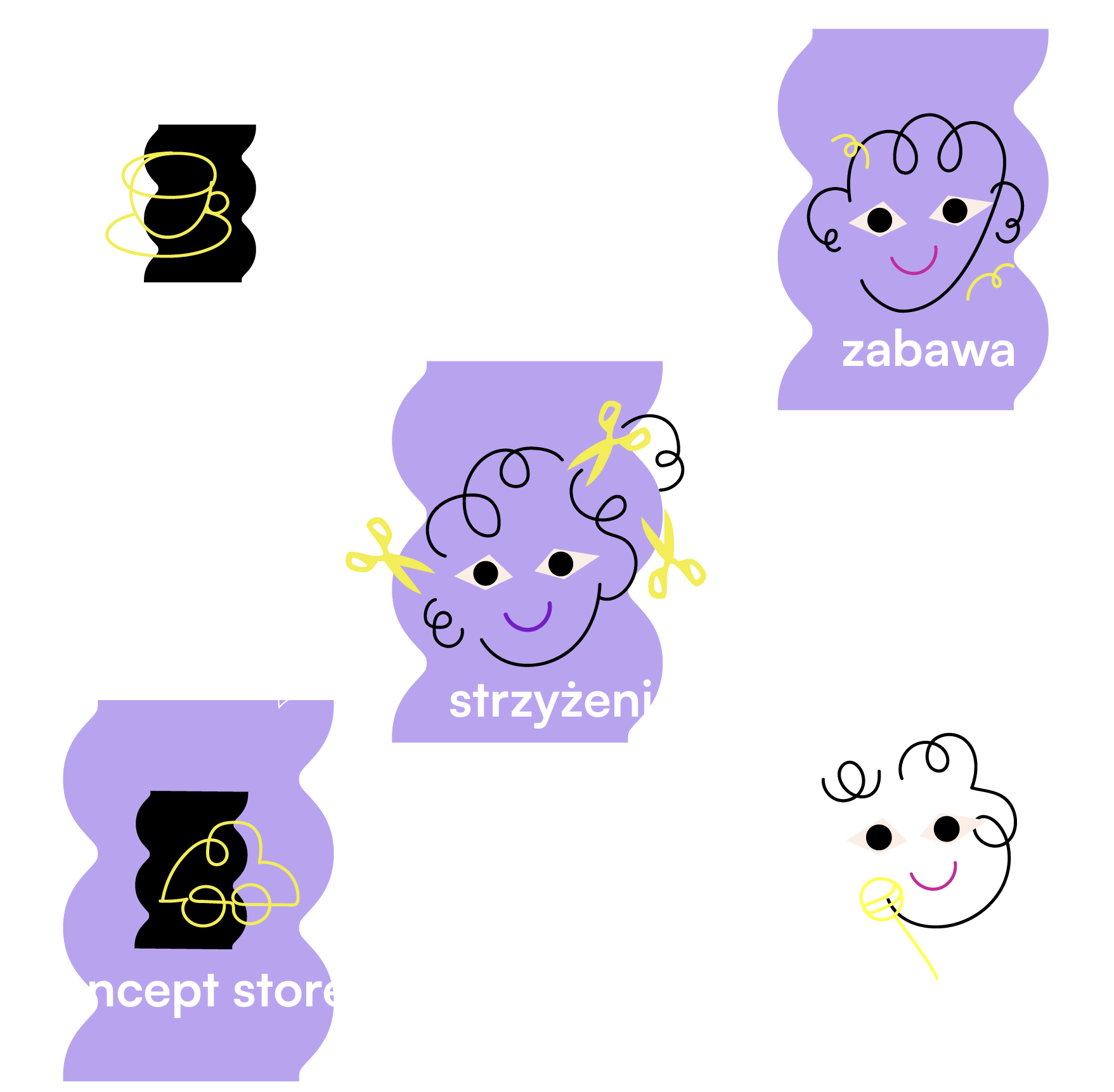 Etapy wizyty: poczekalnia, zabawa, strzyżenie, concept store i do zobaczenia!